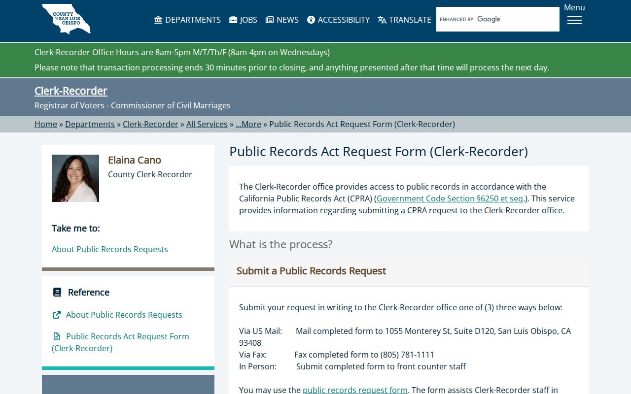 Paso Robles records request route through the San Luis Obispo County Clerk Recorder form